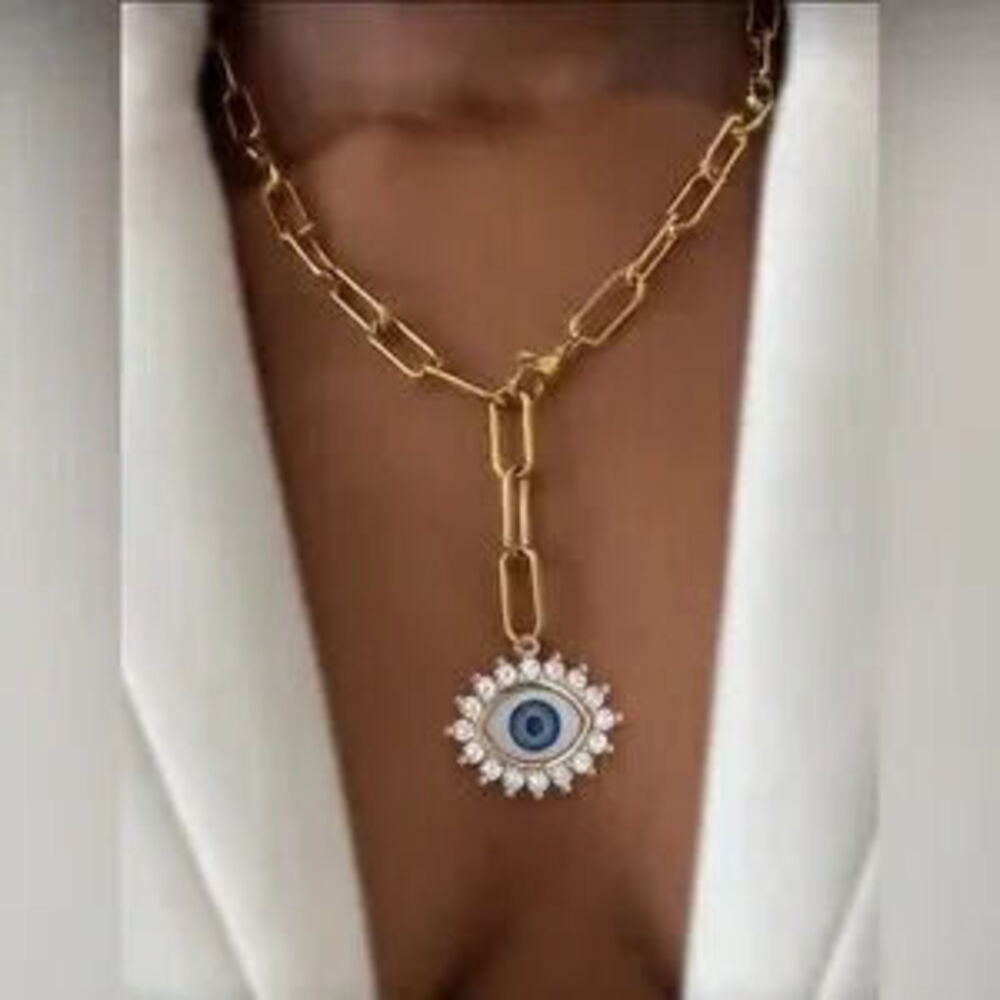 Gold Evil Eye Pendant Necklace Paperclip Chain Statement Necklace Dainty